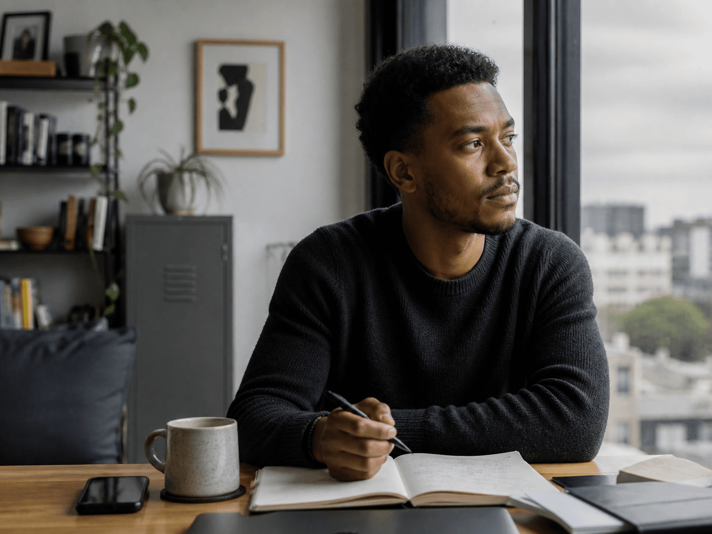 A thoughtful man pausing over his notebook beside a city window